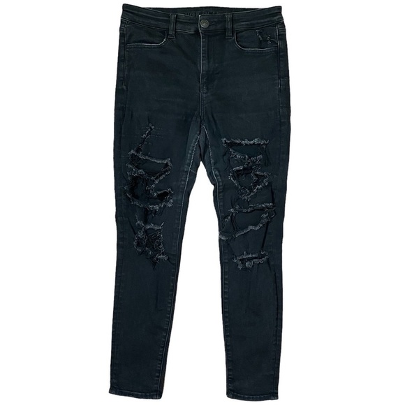 AMERICAN Eagle Next Level Stretch Distressed Ripped Goth Black Jeans‎ 10 Short - Picture 1 of 16